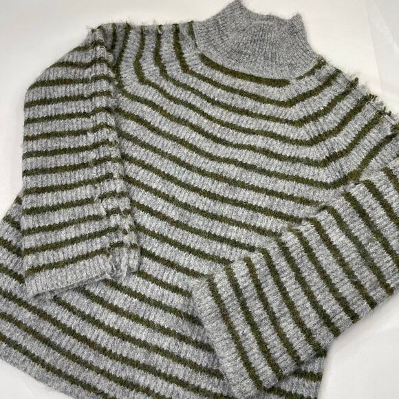 STITCHES + STRIPES Gray Olive Green Fuzzy Stripe Mock Neck Sweater XS - Picture 3 of 16